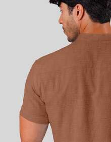 Men's Brown Dress Shirt, Dunas Fabric, Similar To Linen, Short Sleeve, Mandarin Collar - Summer 2026 Shirt - Cool Shirt - Beachwear - 鏽棕色 - 查看 6