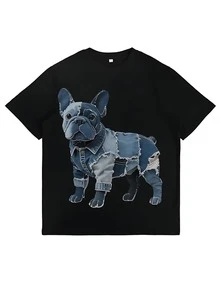 Camiseta de manga corta para mujer en verano, con combinación de tela vaquera y estampado original de perros. - Negro - Ver 2