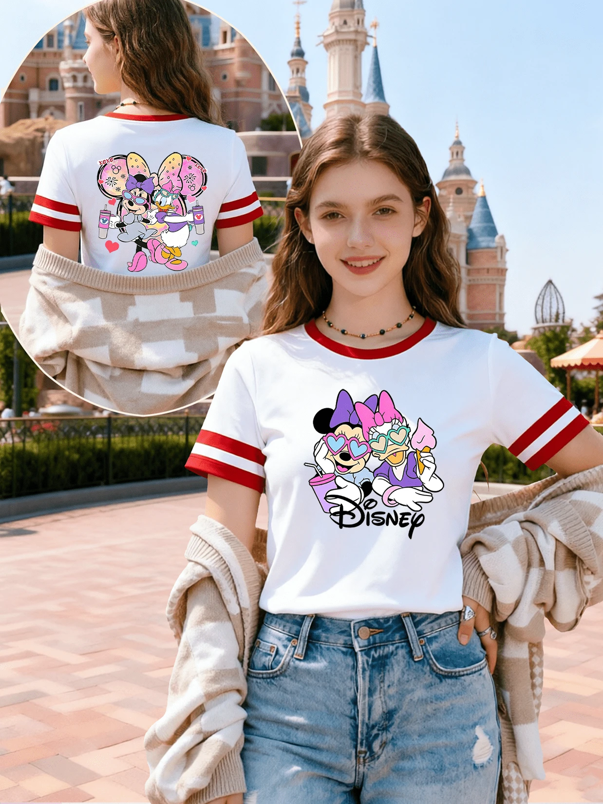 Disney Minnie Mouse Summer Outfit - Floral Print Crew Neck T-Shirt For Women, A Casual Color-Blocked Short-Sleeved Top Perfect For A Summer Outing And A Great Gift For Your Best Friend. (Disney T-Shirt/Teen Girl Clothes/Tween Girl Clothes/Summer Holiday Outfits/Girls Clothes/Women Trending Now/Casual Outfits For Women) - trắng - Xem 1