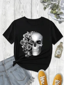 Cráneo rodeado de rosas plateadas que simbolizan la unión entre la vida y la muerte transmitiendo fuerza belleza efímera y un toque misterioso camiseta de mujer casual moderna cómoda para uso diario - Negro - Ver 8