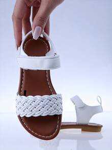 Kids Girls White Braided Strap Sandals, Adjustable Hook-And-Loop Ankle Strap, Open Toe Flat Design With Woven Straps, Non-Slip Wear-Resistant Sole - White - View 5