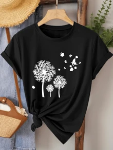 Flores de diente de león que se transforman en mariposas al viento simbolizando libertad esperanza y renovación camiseta de mujer casual cómoda para uso diario - Negro - Ver 6