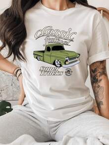 Vintage Green Truck Symbolizes A Passion For Classic Vehicles And The Freedom To Travel Roads With Cheerful Energy And An Adventurous Spirit. Comfortable Casual Women's T-Shirt For Everyday Wear - 白色 - 查看 8