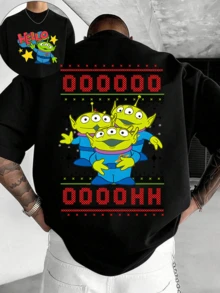 Disney Authorized Toy Story Aliens Ugly Christmas Style Print Casual T-Shirt, Ultra-Soft Breathable Fabric, Perfect For Holiday Parties & Daily Casual Wear - Men's - 黑色 - 查看 1