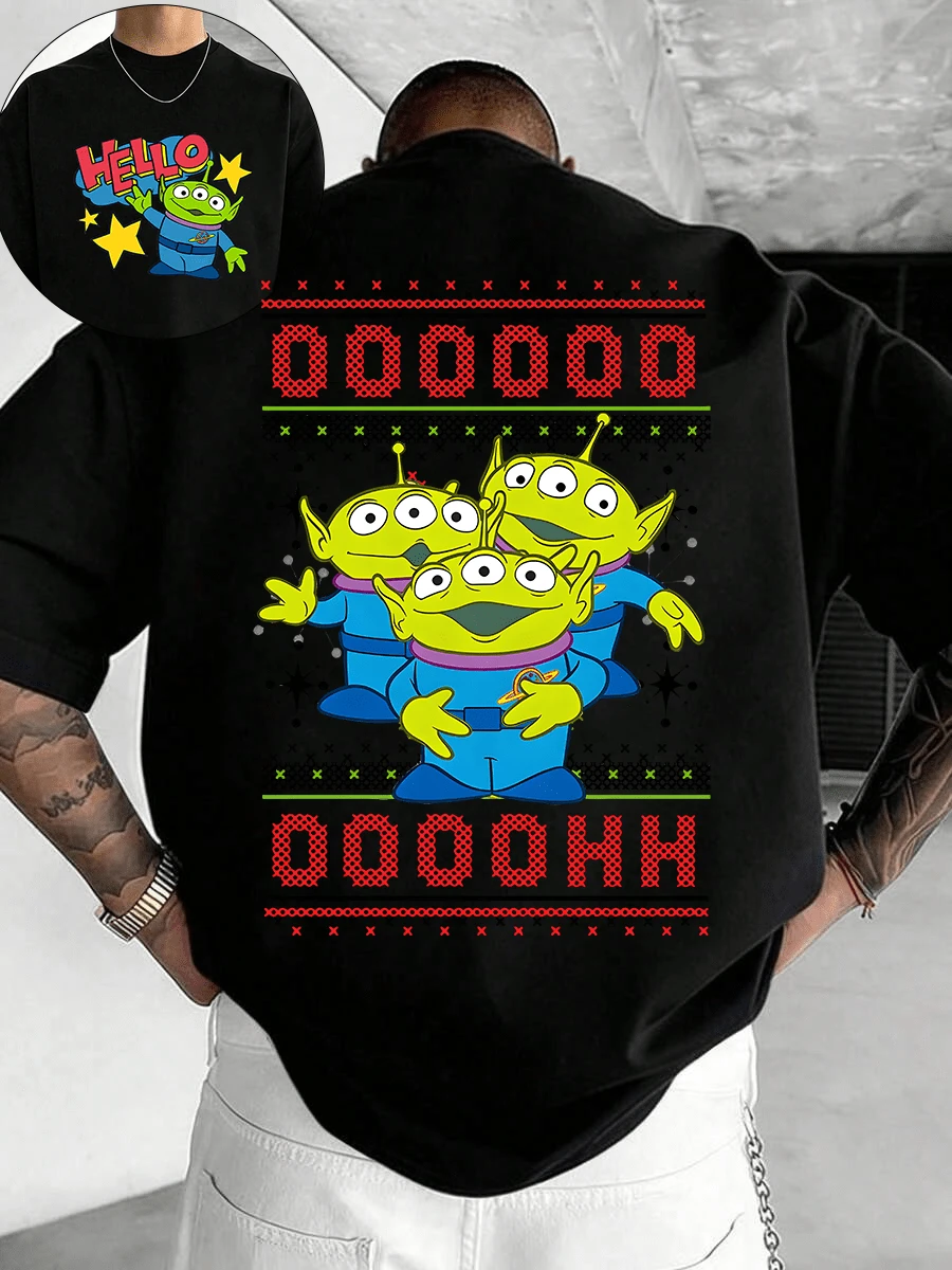 Disney Authorized Toy Story Aliens Ugly Christmas Style Print Casual T-Shirt, Ultra-Soft Breathable Fabric, Perfect For Holiday Parties & Daily Casual Wear - Men's - 黑色 - 查看 1