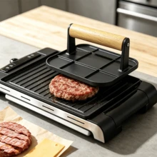 1pc Heavy-Duty Cast Iron Grill Press And Steak Weight With Cool-Touch Comfort-Grip Wood Handle - BBQ Accessories For Griddle, Outdoor Grill, Panini, Tortilla  - Black - View 2