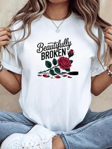 Red Rose Symbolizing Strength And Inner Beauty With Fallen Petals Representing Resilience And Rebirth After Wounds. Comfortable, Casual, Modern Women's T-Shirt - 白色 - 查看 6
