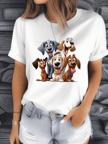Grupo de perros felices que transmiten amistad lealtad y alegría con expresiones divertidas y colores vivos camiseta de mujer casual cómoda para uso diario elegante y moderna - Blanco - Ver 8