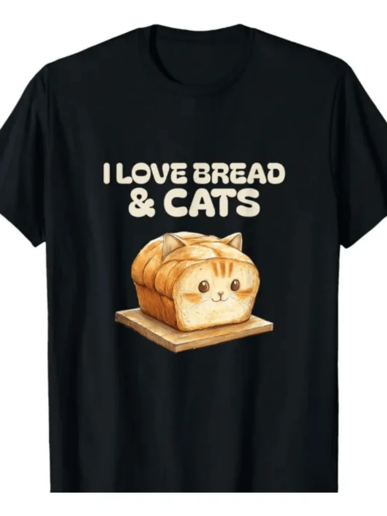 An Adorable Cat Shaped Like A Loaf Of Bread Expresses Tenderness, Humor, And Love For Felines And Food-Ideal For Those Who Enjoy Showing Their Fun Side. A Casual And Comfortable Women's T-Shirt For Everyday Wear. - 黑色 - 查看 1