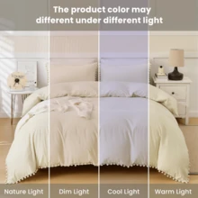 Double-Layer Quilt Cover Set - Light-Colored Fringed Velvet Ball Bedding Set (3-Piece Set) Including 2 Pillowcases. Soft And Comfortable Microfiber Double-Layer Bedding Set With Zipper Closure. Suitable For All Seasons (200x200 Cm) - Seersucker (Beige) - View 8