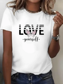 Words Expressing Love And Self-Acceptance Alongside A Pink Butterfly Symbolizing Freedom And Inner Beauty In Harmony. Modern, Casual, Comfortable Women's T-Shirt For Summer - 白色 - 查看 6