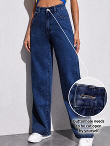 Women's Jeans Section: Women's Horseshoe-Shaped Barrel Jeans, Mid-Waist Wide-Leg Jeans, Loose Fit, Slim Tapered Leg Casual Jeans. - 深藍色 - 查看 2