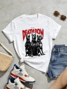 Camiseta de manga corta con cuello redondo suave y casual para mujer, estampado gráfico de perros doberman de la serie "Death Row" para primavera y verano. Blanca. - Blanco - Ver 5