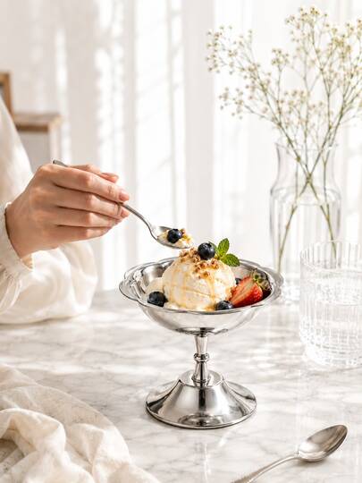 1pc Stainless Steel Dessert Bowl, Fruit Plate, Silver Ice Cream Bowl Pudding Bowl, Silver Tray, Minimalist High-End Design, Suitable For Restaurant, Wedding, Party, Celebration And Daily Use