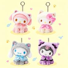 SANRIO 1个三丽鸥治愈系小猫系列毛绒挂件 | 美乐蒂、酷洛米、肉桂狗、Hello Kitty 猫咪服装玩偶 | 日系卡通可爱毛绒挂件 | 1个包包装饰车挂件节日礼物 - 彩色 - 查看 1