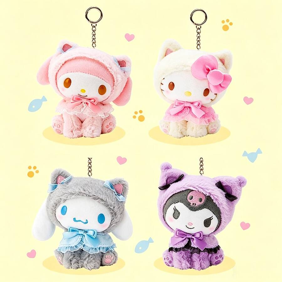 SANRIO 1个三丽鸥治愈系小猫系列毛绒挂件 | 美乐蒂、酷洛米、肉桂狗、Hello Kitty 猫咪服装玩偶 | 日系卡通可爱毛绒挂件 | 1个包包装饰车挂件节日礼物 - 彩色 - 查看 1