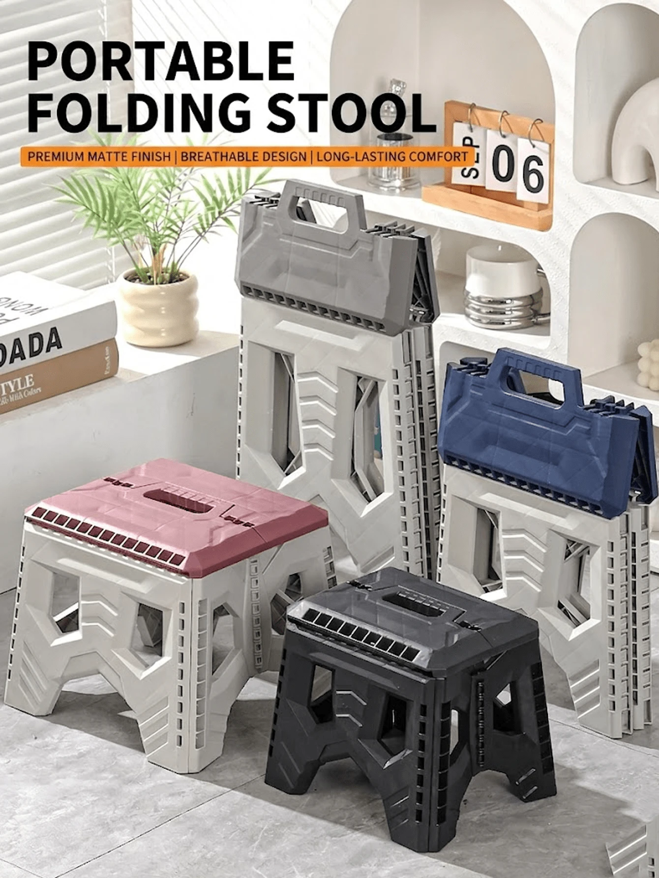 Portable Folding Stool With Handle, Sturdy And Durable For Outdoor Picnic, Camping, Beach, Park, Lawn, Foldable Seat, Heavy Duty Plastic Stool & Table Set, High Load Capacity