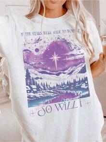 Night Landscape With Mountains Reflected In A Lake Under A Purple Sky Full Of Stars That Evoke Serenity And Spiritual Connection. Modern, Comfortable, And Elegant Women's T-Shirt For Everyday Wear. - 白色 - 查看 1