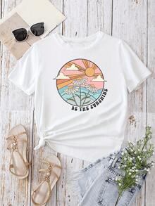 Sol radiante elevándose sobre nubes suaves con flores blancas que simbolizan energía y esperanza en días luminosos camiseta de mujer moderna y cómoda para momentos alegres - Blanco - Ver 6