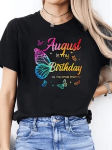 Mariposa colorida que simboliza transformación alegría y libertad junto con texto que celebra el mes de cumpleaños lleno de energía positiva y encanto camiseta de mujer casual moderna cómoda - Negro - Ver 1