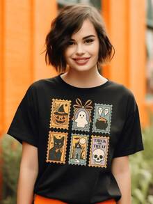 Smiling Pumpkin, Cheerful Ghost, Cats, And Skulls Framed Like Colorful Stamps Evoke The Festive Atmosphere Of Halloween, Full Of Mystery, Fun, And Charm. Comfortable Casual Women's T-Shirt For Everyday Wear - 黑色 - 查看 1