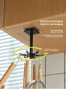 2pcs Heavy Duty ABS 360 ° Rotatable 6-Fork Hook, No Punching Adhesive Hanger, Space Saving Storage Rack, Suitable For Multifunctional Storage Organizer Of Kitchen Utensils, Bathroom Accessories, And Home Living Spaces, Multifunctional Hanging Storage Rack - A - View 3