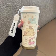 1件/5件 500ml 可愛甜美熊圖案保溫咖啡杯，附翻蓋與「Coffee」杯帶，可拆卸 304 不鏽鋼防漏旅行杯，適用熱飲與冷飲，適合可愛與粉色愛好者的理想禮物，冰咖啡 - 彩色 - 查看 5
