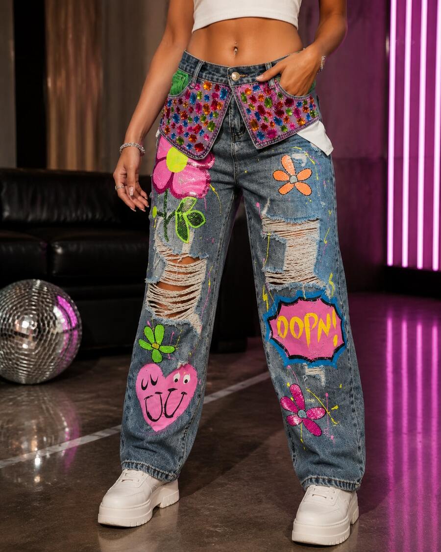 [] Hot New Arrivals Recious Womens Ripped Distressed Destroyed Colorful Rhinestones Printed Party Clubwear Pants Jeans Ripped / Distressed / Patchwork / Rhinestone - Màu xanh lam - Xem 1