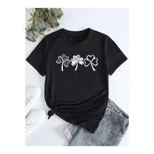 Camiseta suelta casual de dama con estampados de tres tréboles, suave, cómoda y económica, blusas para damas - Negro - Ver 2