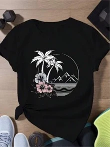 Camiseta de Mujer de Talla Grande, Manga Corta, Estampado Gráfico con Palmeras Tropicales y Flores de Hibisco - Negro - Ver 3