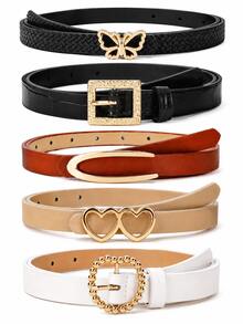 5pcs/Set Ladies' Adjustable Belts, Black & White Faux Leather With Butterfly And Heart-Shaped Alloy Buckles, Elegant High-End Design, Versatile For Casual, Work, Gift Summer, School Fall, Autumn, Halloween - 彩色 - 查看 5