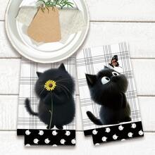 2pcs Cute Cartoon Black Cat Pattern Kitchen Towels, Soft Polyester Material Dish Cloths, Suitable For Kitchen Decor, Cleaning, Holiday Party Decoration, Kitchen & Bathroom Essentials, Home Decor, Housewarming Gift - Multicolor - View 8