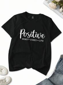 Frase positiva que inspira energía buena mente optimista conexión con la vida y motivación diaria para transmitir confianza a cada paso camiseta de mujer casual moderna para uso diario - Negro - Ver 1