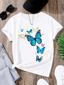 Mariposas azules y doradas que simbolizan libertad esperanza y la belleza de la transformación en un vuelo que ilumina el alma camiseta de mujer casual cómoda para uso diario elegante y moderna - Blanco - Ver 6