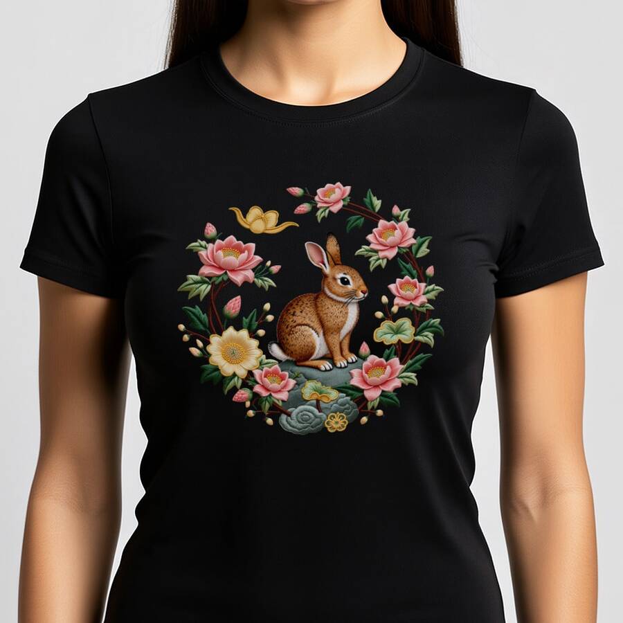 1pc Floral Rabbit Pattern Garment Imitation Embroidery Heat Transfer Sticker, DTF Heat Press Decal For T-Shirt T-Shirt DIY, Rabbit Flower Pattern Sticker For Clothing, Jeans, Backpack Decoration - A06 - View 1