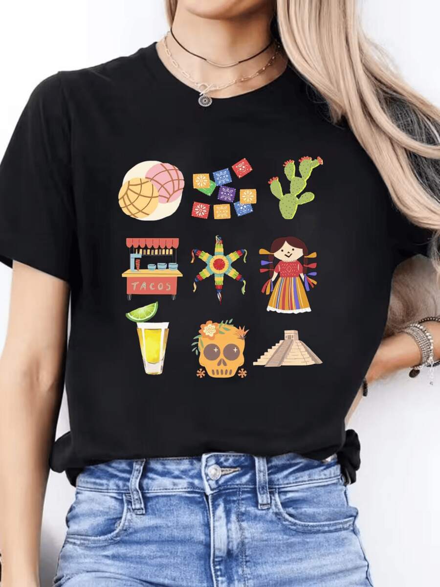 Símbolos coloridos que representan la alegría de México con cactus pan dulce papel picado piñata calavera bebida tradicional muñeca artesanal y pirámide antigua camiseta de mujer casual cómoda moderna perfecta para uso diario o regalo cultural - Negro - Ver 1