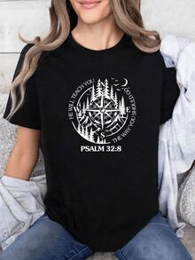 Compass Symbol Surrounded By Trees And Moon Representing Spiritual Guidance And The Right Direction According To The Christian Faith. Comfortable Casual Women's T-Shirt With An Inspirational Message For Every Day - 黑色 - 查看 6