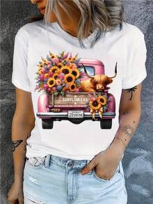 An Old Pink Truck Loaded With Sunflowers And Multicolored Flowers Symbolizing Joy, Hope, And Feminine Energy Under The Summer Sun Conveys A Free And Positive Spirit. Comfortable, Casual, Short-Sleeved Women's T-Shirt For Everyday Wear. - 白色 - 查看 8