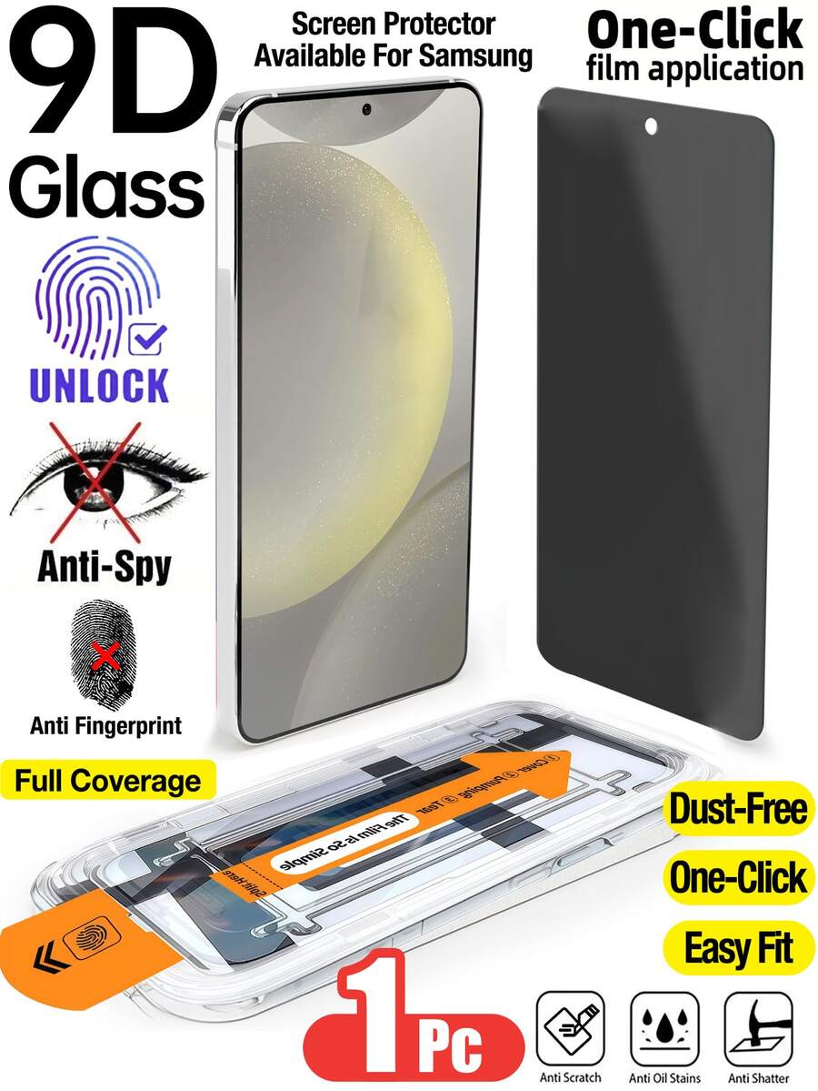 1pc Anti-Spy Tempered Glass Screen Protector With Auto Dust Removal, Fit For Samsung Galaxy S25 6.2 Inch, Full Coverage Anti-Peeping Tempered Glass Film, Bubble-Free Installation, 9H Hardness, Ultrasonic Fingerprint Unlock, Includes Installation Kit, Compatible With Phone Case - Black - View 1
