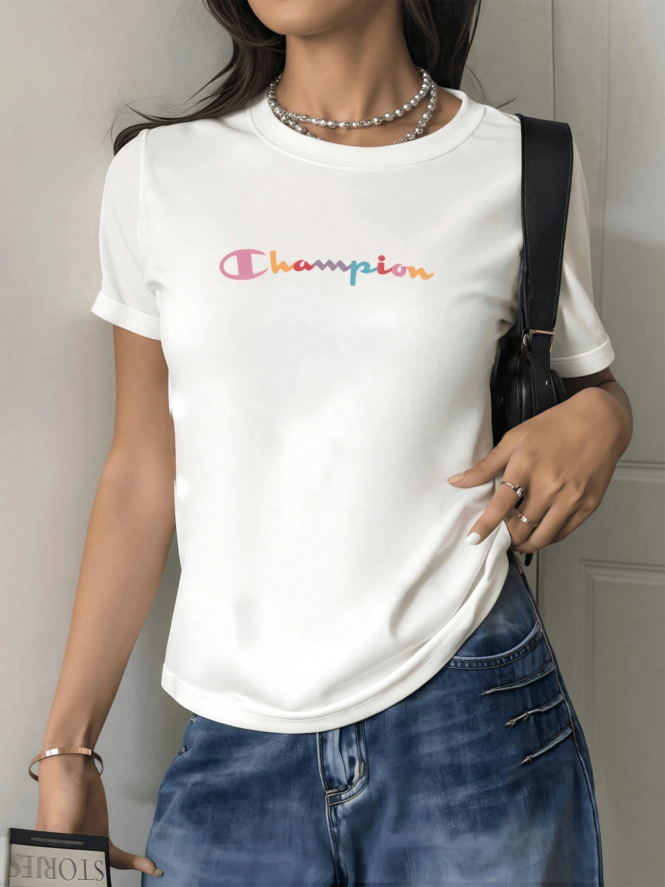 Colorful Words Forming The Expression Champion Evoke Positive Energy And Confidence With Vibrant Touches That Inspire Inner Strength And A Modern Attitude. Women's Casual T-Shirt For Stylish Everyday Wear - 白色 - 查看 1