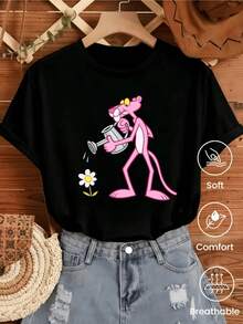 A Cheerful Pink Feline Figure Watering A Small White Flower Symbolizes Care, Tenderness, And Hope In The Small Details. A Comfortable And Breathable Casual Women's T-Shirt For Everyday Wear. - 黑色 - 查看 8