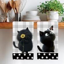 2pcs Cute Cartoon Black Cat Pattern Kitchen Towels, Soft Polyester Material Dish Cloths, Suitable For Kitchen Decor, Cleaning, Holiday Party Decoration, Kitchen & Bathroom Essentials, Home Decor, Housewarming Gift - Multicolor - View 2