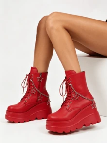 Platform Ankle Boots For Womem Round Toe Chunky Heel Lace Up Boots With Side Zipper Stars Decorated Wedge Booties Punk Goth Motorcycle Boots - Red - View 6