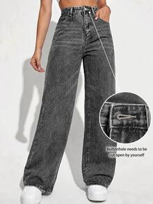 Women's Jeans Section: Women's Horseshoe-Shaped Barrel Jeans, Mid-Waist Wide-Leg Jeans, Loose Fit, Slim Tapered Leg Casual Jeans. - 灰色 - 查看 3