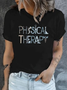 Medical Symbols And Tools Forming The Phrase Physical Therapy Inspire Professional Motivation And Passion For Health. Comfortable, Modern Casual Women's T-Shirt For Everyday Wear. - 黑色 - 查看 6