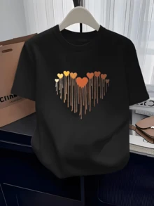 Golden And Copper Hearts Forming A Central Figure Symbolizing Overflowing Love And Positive Energy In Every Stroke. Elegant And Comfortable Women's T-Shirt For Everyday Wear And Modern Casual Occasions. - 黑色 - 查看 8