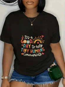Frases coloridas con sol corazones y flores que inspiran alegría y motivan a transmitir buenos sentimientos todos los días camiseta de mujer casual cómoda para uso diario - Negro - Ver 6