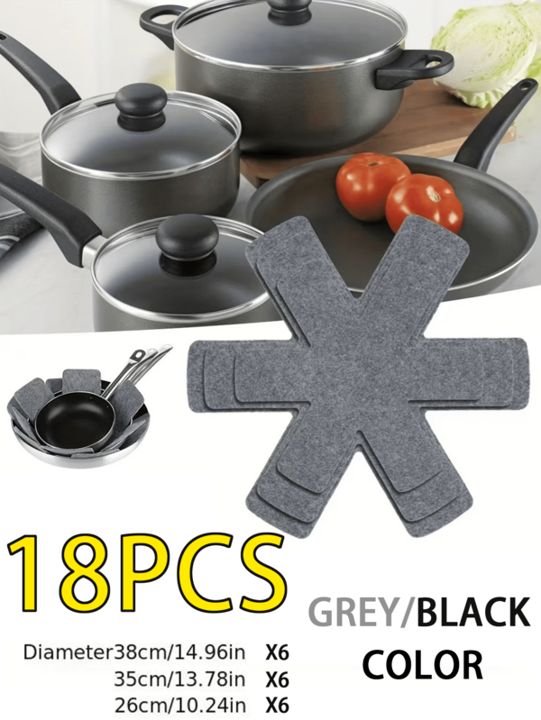 18/12/6 piezas Juego de almohadillas de fieltro con forma de X antideslizantes - Almohadillas protectoras de utensilios de cocina resistentes al calor y a los arañazos de material multicapa, 3 tamaños diferentes, almohadillas separadoras de ollas reutilizables/protectores apilables para tapas de ollas/almohadillas separadoras de tapas de ollas, diseño de almacenamiento portátil, accesorios de cocina, material multicapa