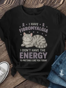 Smiling Gray Cat Resting Surrounded By Stars And Ribbons Symbolizing Strength Against Fibromyalgia With A Fun Message About Conserving Energy. Comfortable Casual Women's T-Shirt For Everyday Wear, Modern And Expressive. - Black - View 6