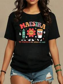 Flores sonrientes con colores vivos junto a crayones divertidos y una taza de café alegre que simbolizan la energía positiva y el amor por la ense?anza camiseta de mujer casual cómoda para uso diario moderna y divertida - Negro - Ver 8